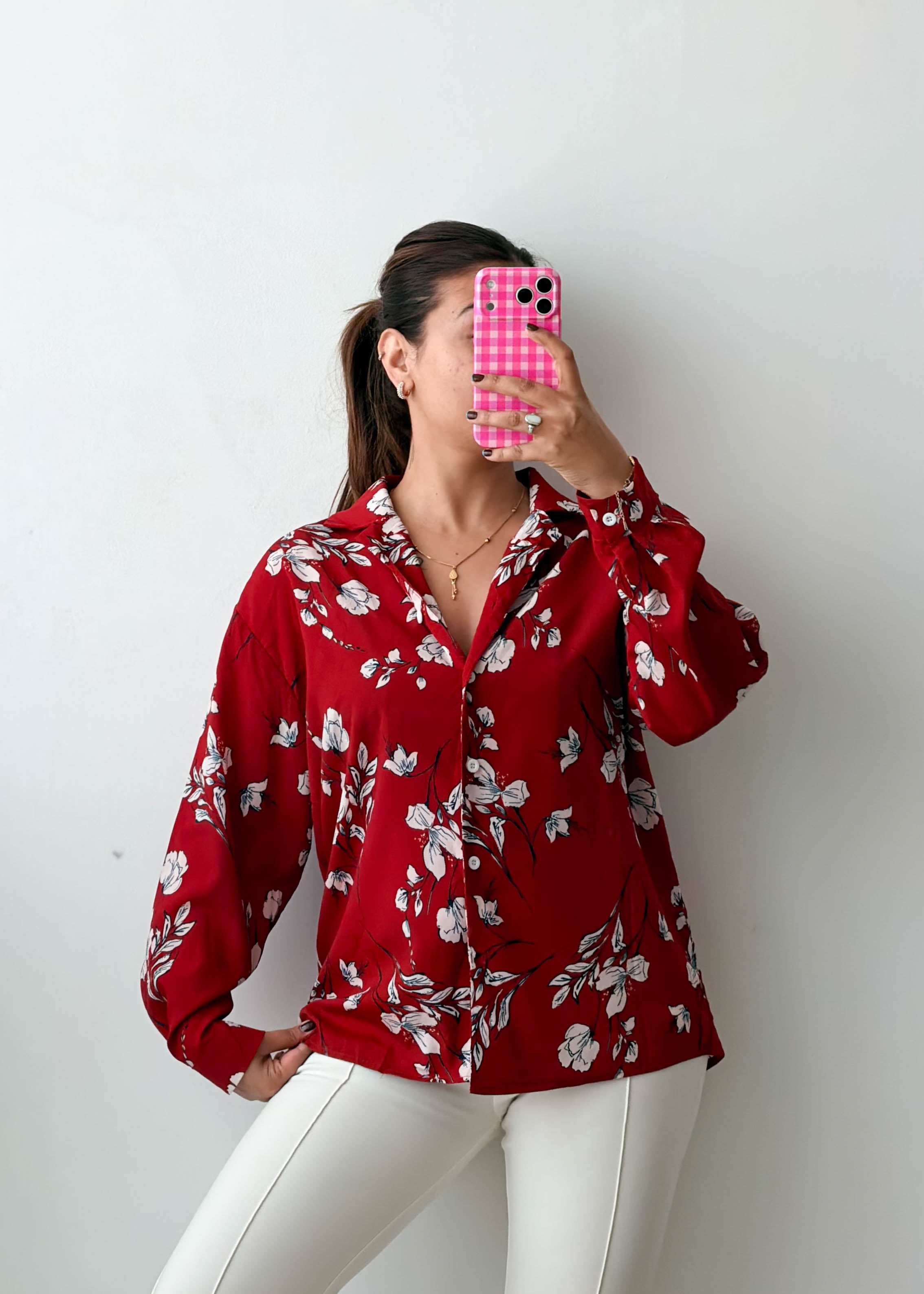 Size S-M Red Floral Shirt Top