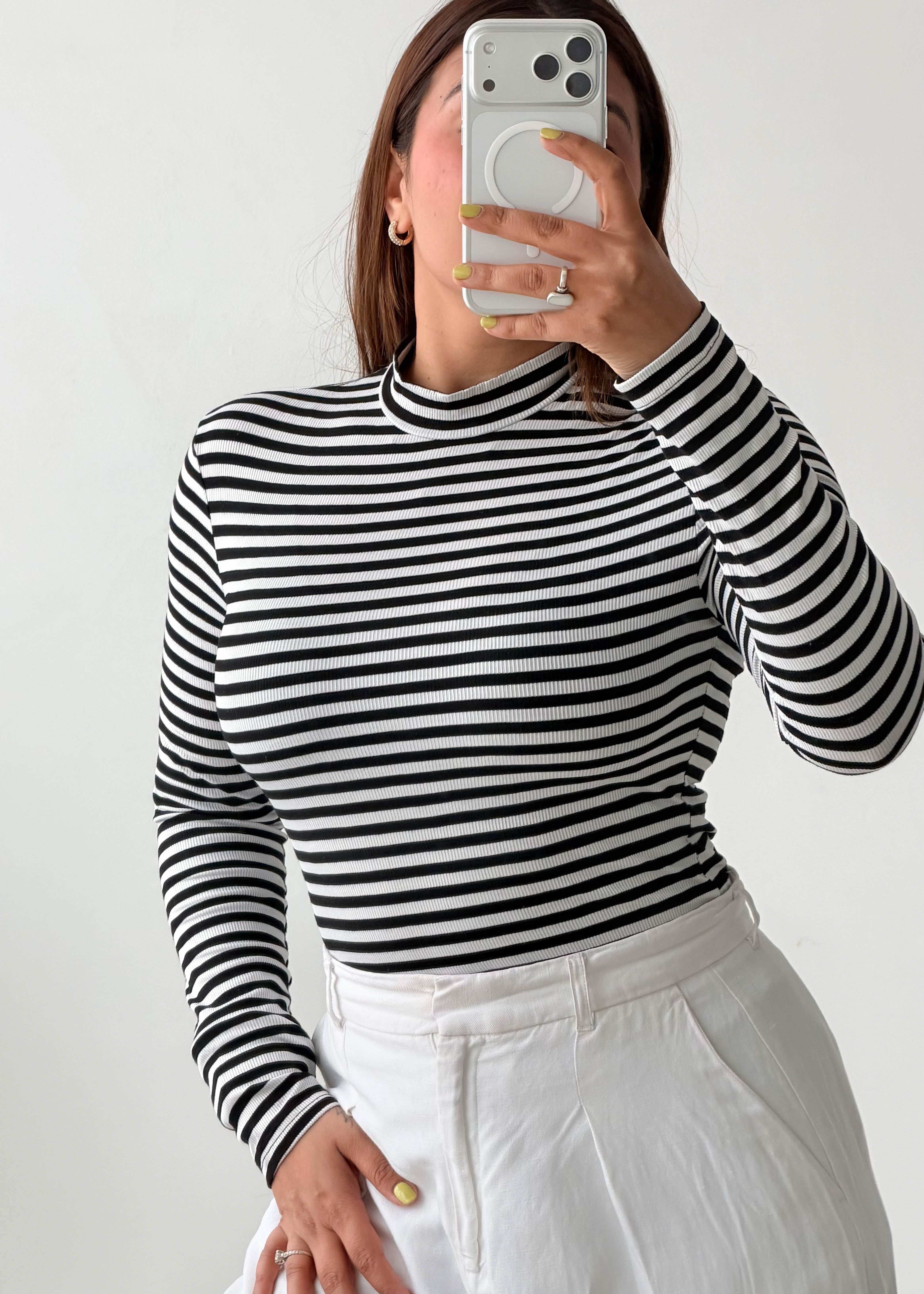 Size S-M Black & White Striped High Neck Top