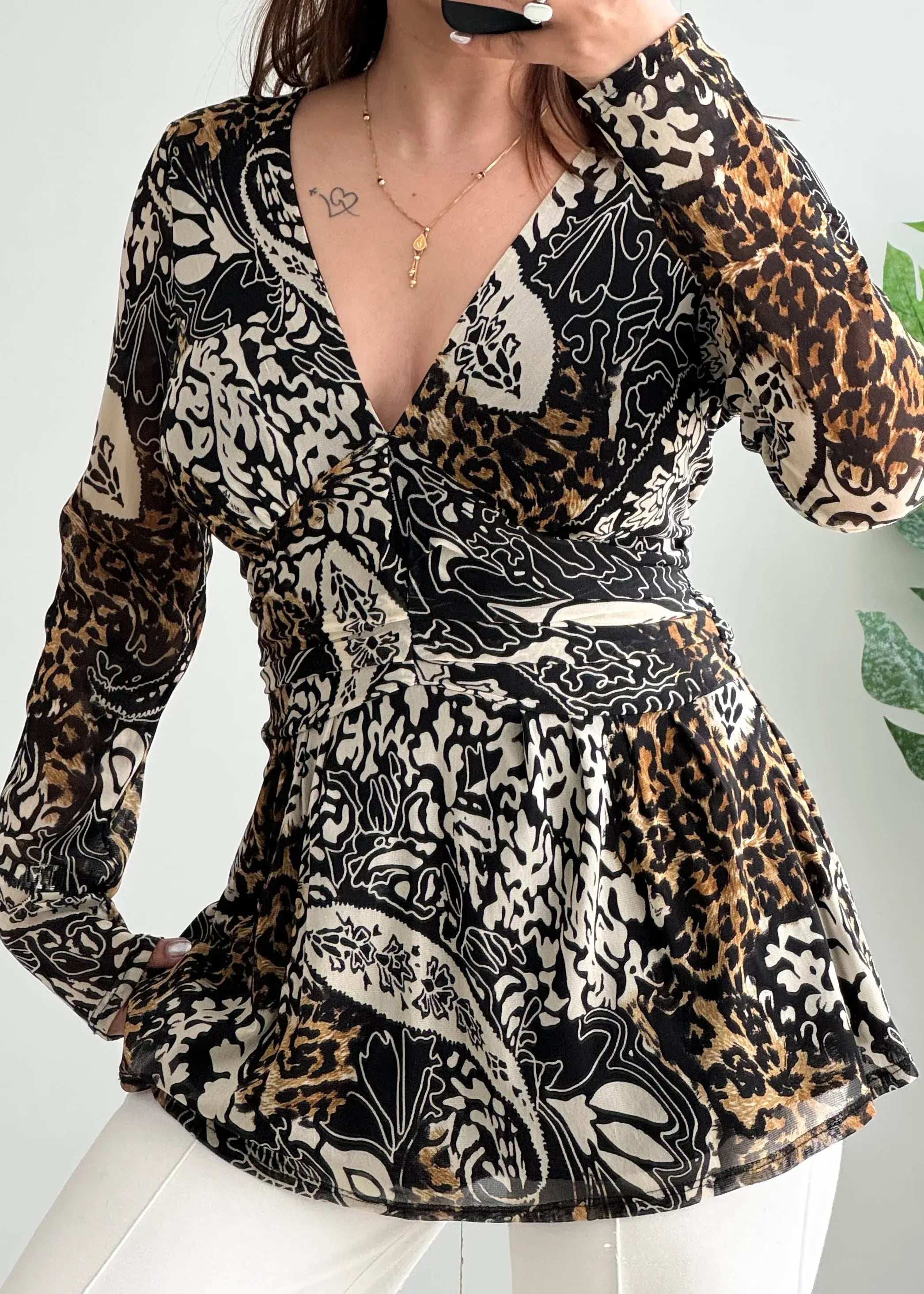Size M-L, Y2K Inspired Animal Print Peplum Top for Women - Closet by Payal