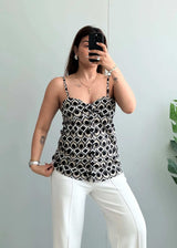 Size S-M, Black & Beige Geometric Print Cami Top for Women - Closet by Payal