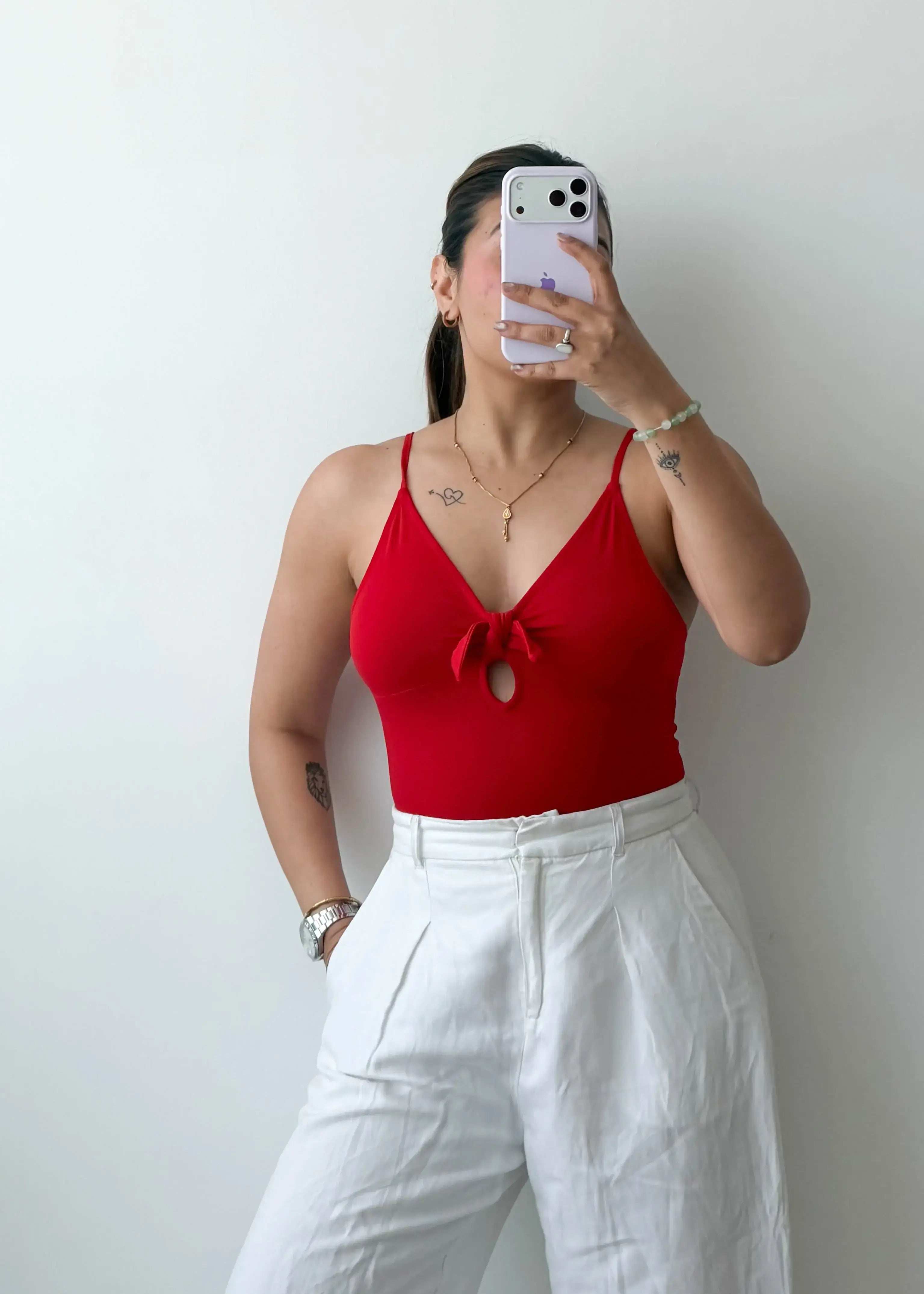 Size S-M Red Tie-Up Front Bodysuit