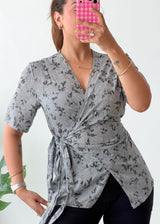 Size M-L Grey Floral Wrap Top