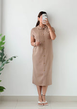 Size M-L Beige Button-Down Shirt Midi Dress
