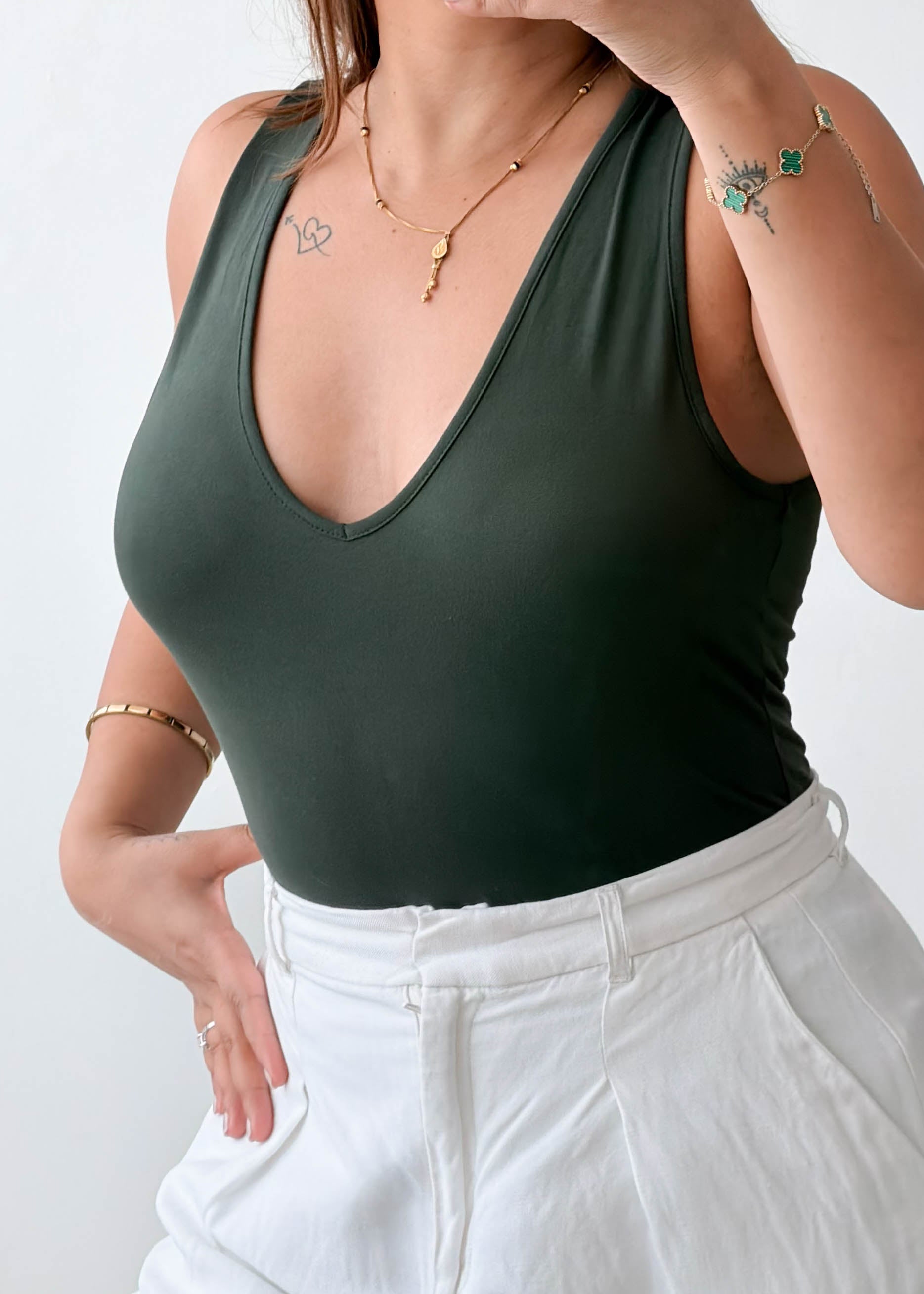 Size M-L Forest Green Deep V-Neck Bodysuit