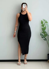 SIZE S-M, Black Ribbed Side Slit Midi Dress - Closet by Payal