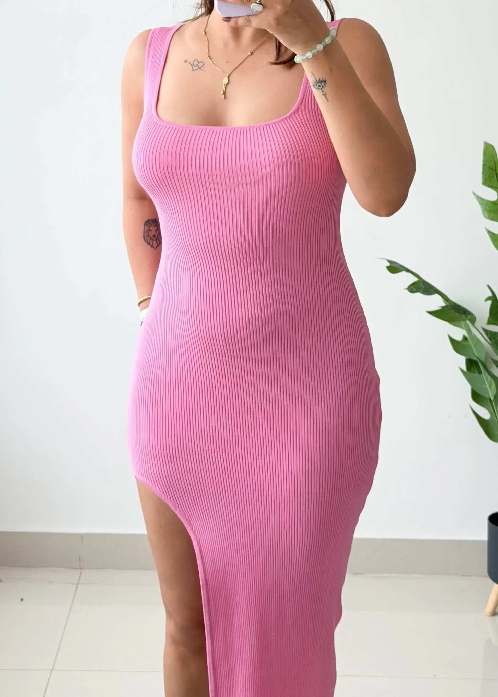Size S-M, Pink Ribbed Side Slit Midi Dress - Closet by Payal