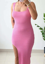 Size S-M, Pink Ribbed Side Slit Midi Dress - Closet by Payal