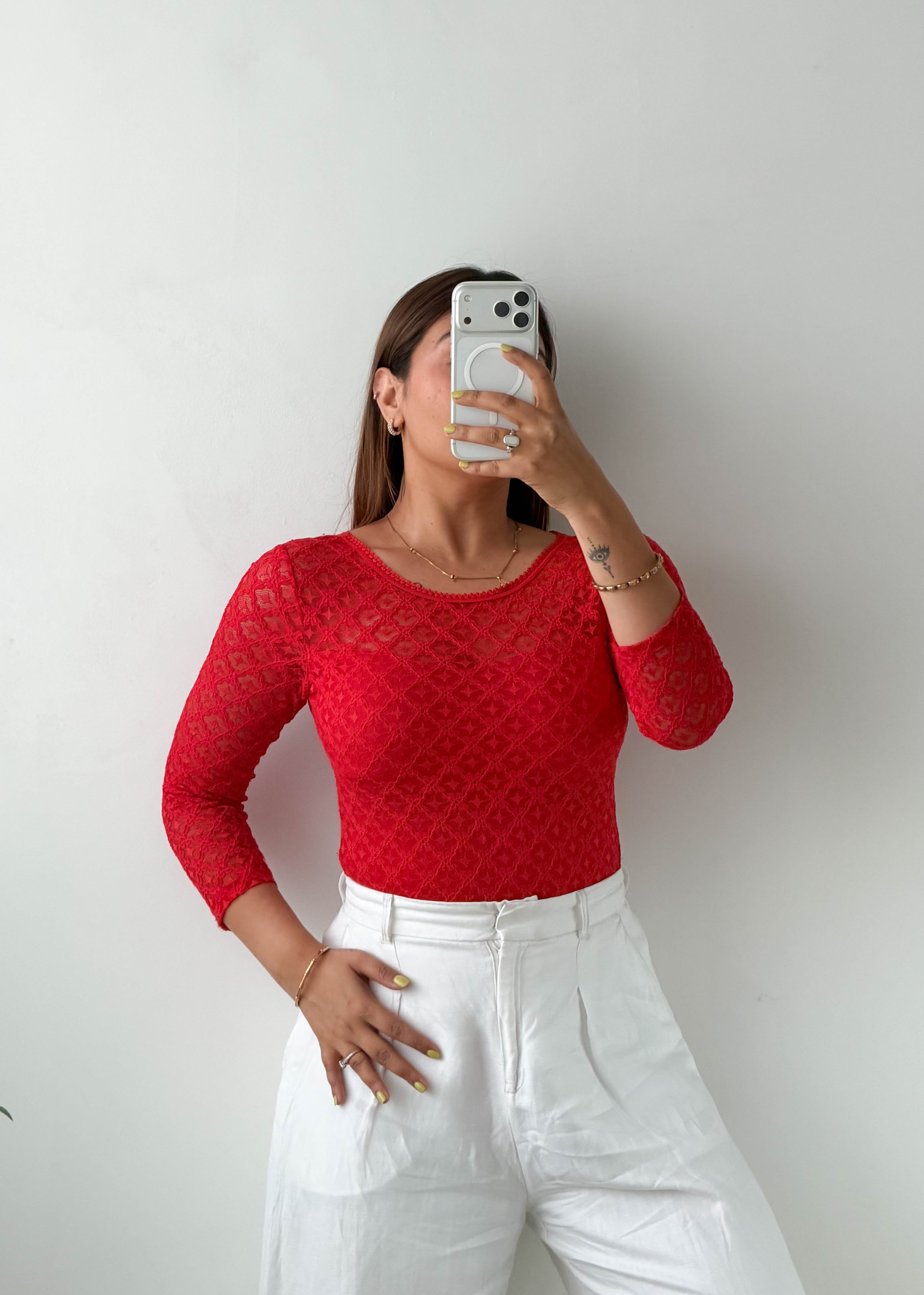 Size S-M Red Lace Long Sleeve Bodysuit