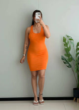 SIZE M-L, Bright Orange Ribbed Bodycon Mini Dress - Closet by Payal