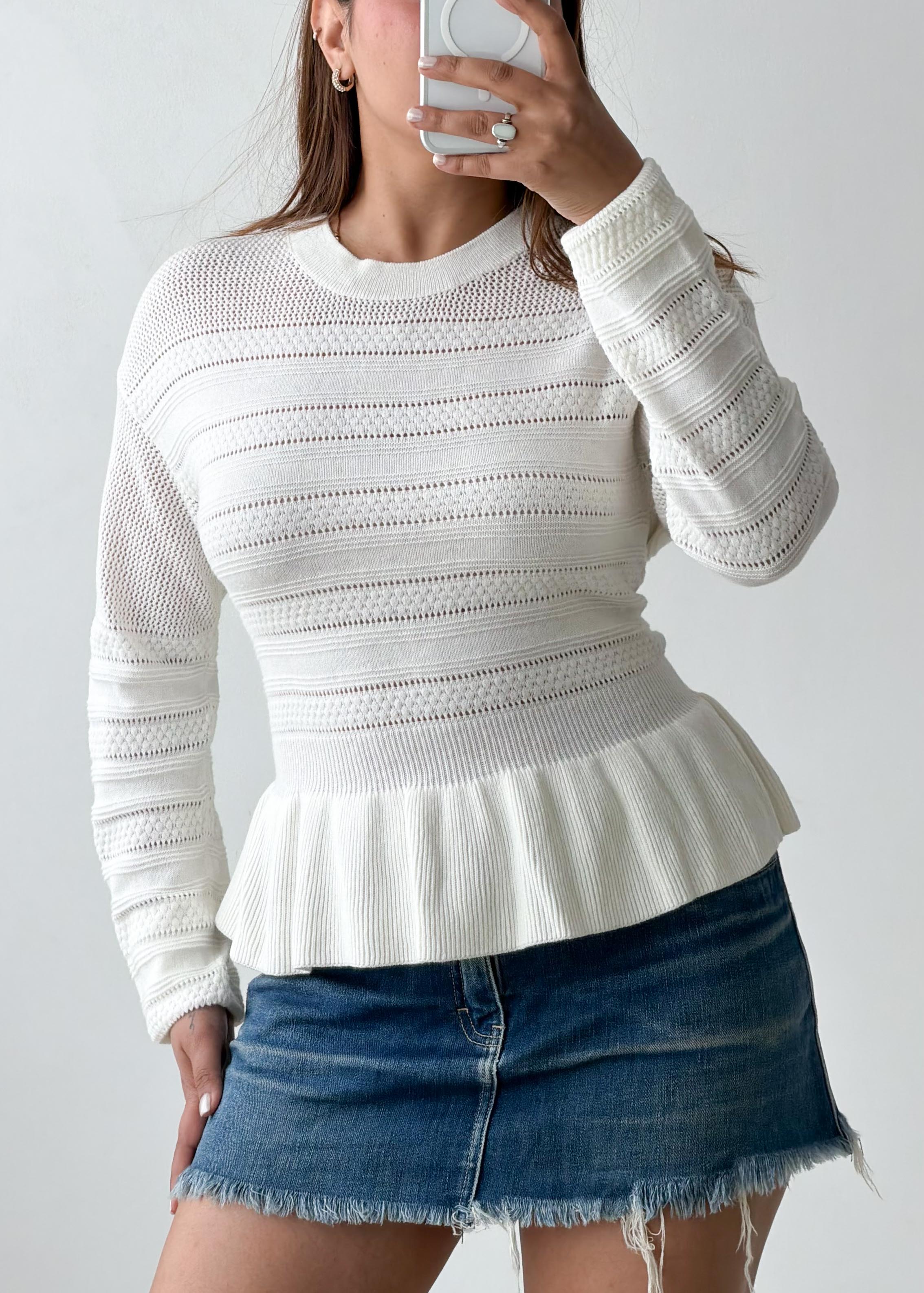 Size L-XL White Peplum Knit Sweater Top
