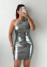 Size M-L Silver One-Shoulder Mini Dress