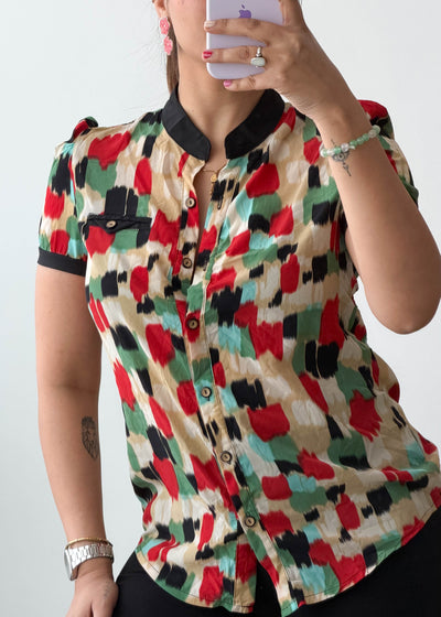 XS-S Multi Abstract Print Short Sleeve Cotton Voile Top