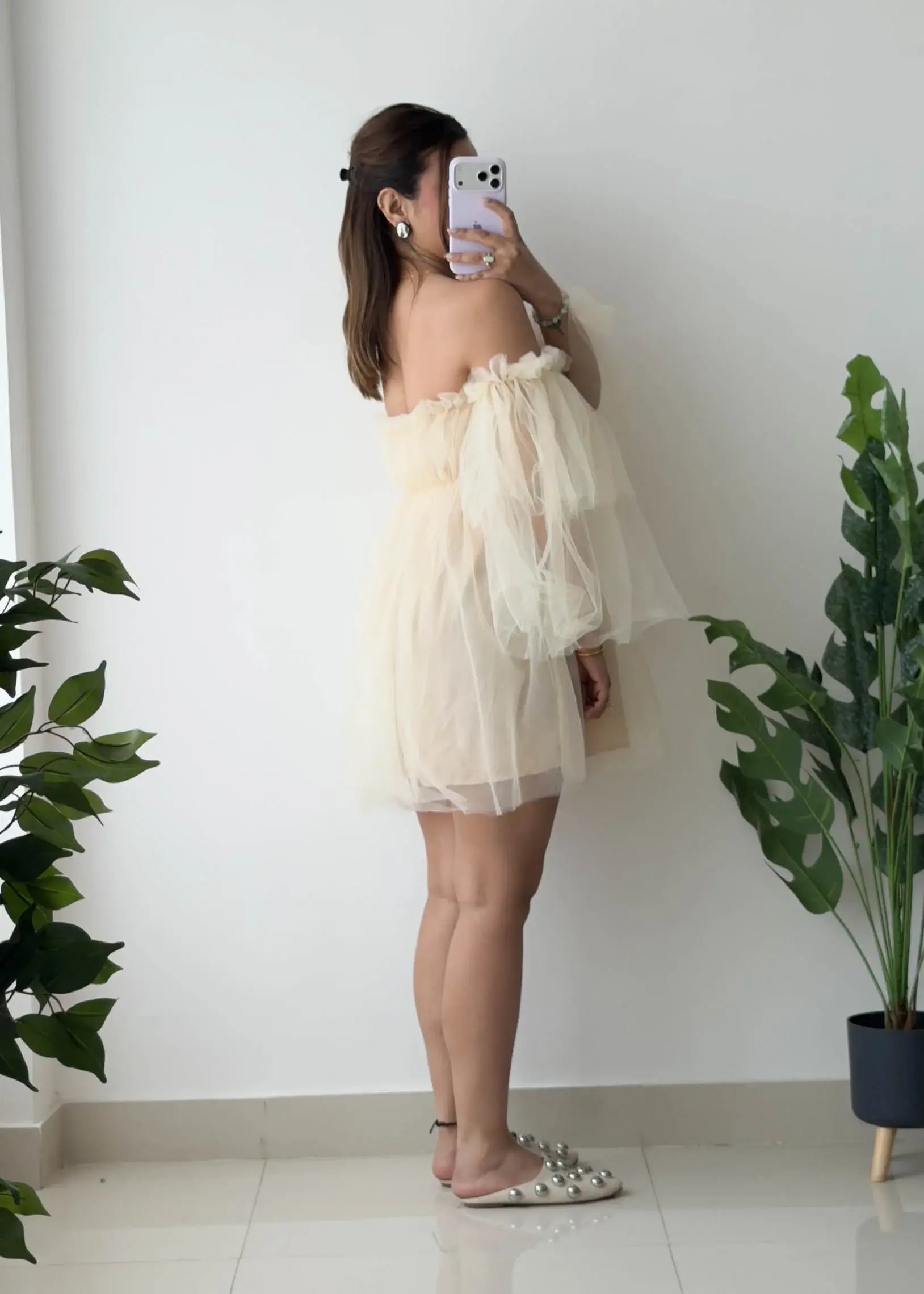 Size XS-S, Beige Tulle Off-Shoulder Dress