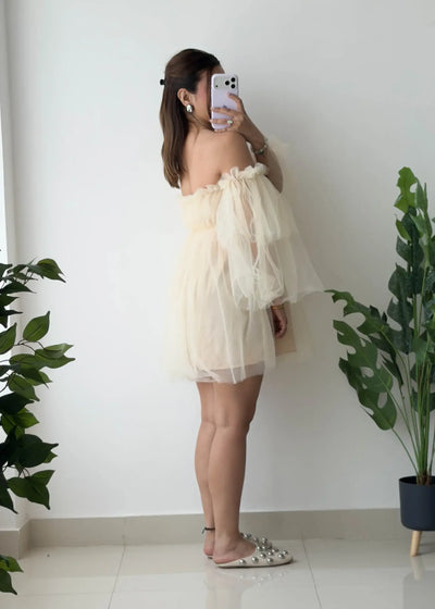 Size XS-S, Beige Tulle Off-Shoulder Dress