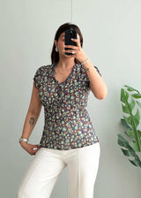 Size S-M, Y2K Floral Tie-Up Blouse with Ruffle Neckline - Closet by Payal