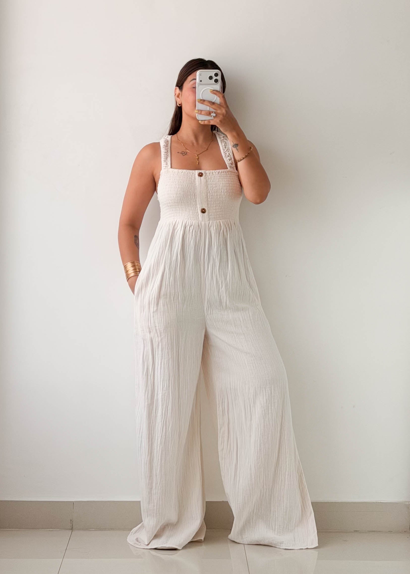 Size M-L White Textured Wide Leg Jumpsuit