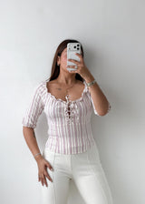 Size S-M Pink Striped Lace-Up Peasant Top