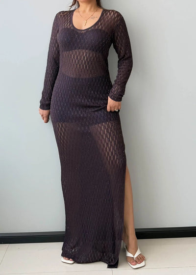 Size M-L, Sheer Knit Long Sleeve Maxi Dress - Closet by Payal