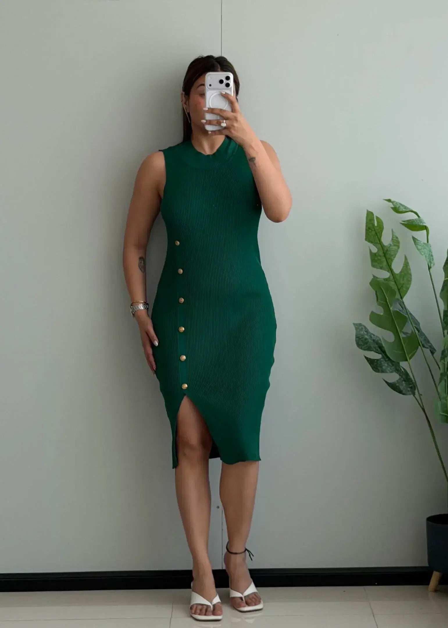 SIZE M-L, Emerald Button Detail Ribbed Midi Dress - Closet by Payal