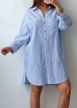 Size M-L Cotton Blue Striped Shirt Dress