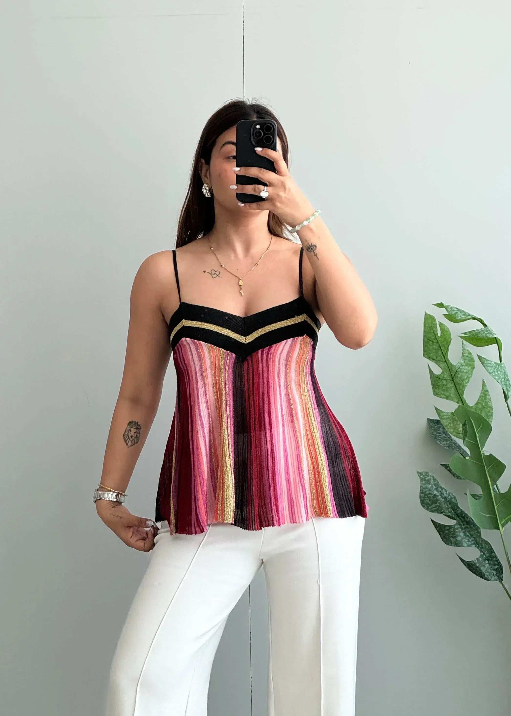 Size XS-S, Multicolor Striped Spaghetti Strapy Top - Closet by Payal