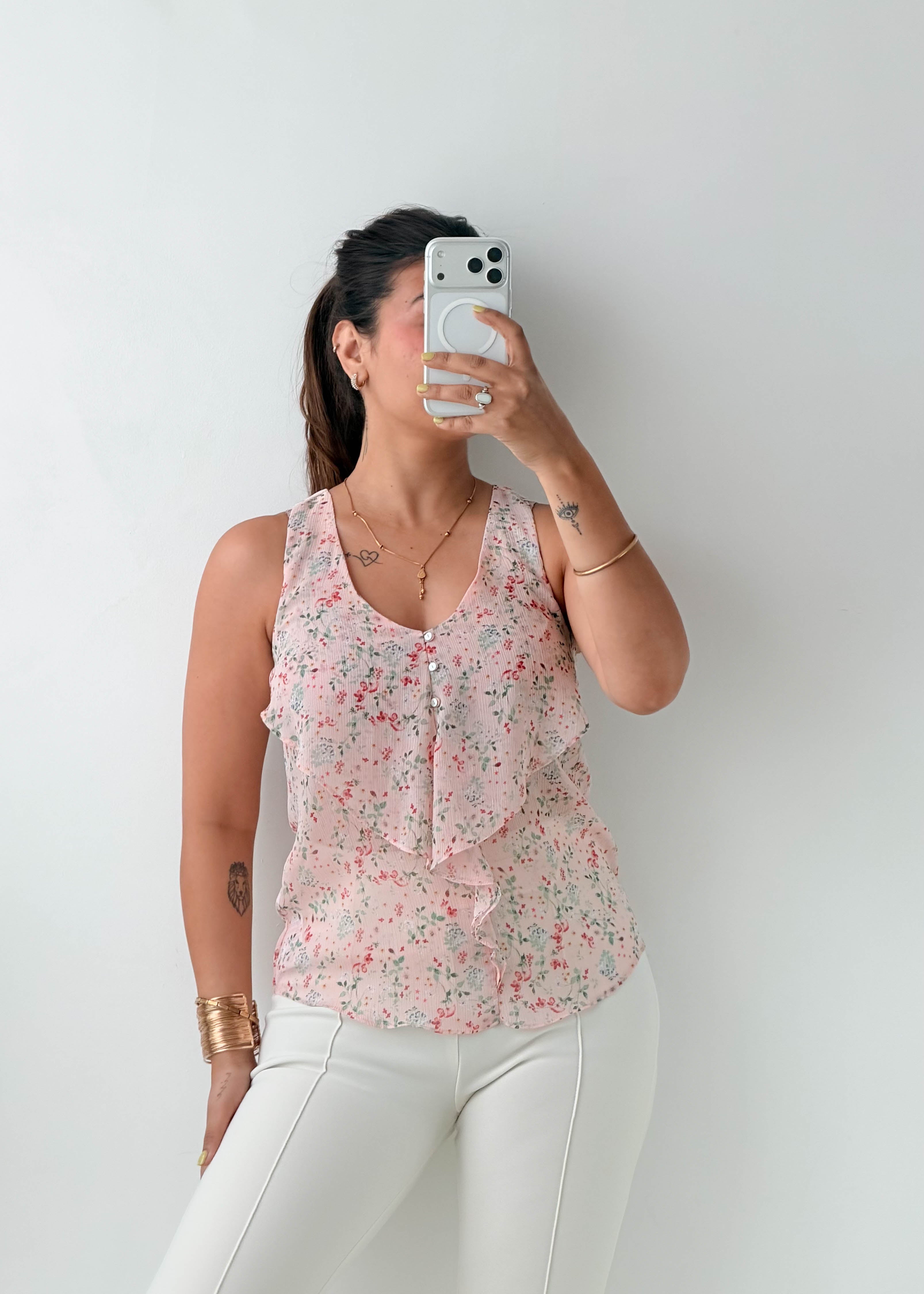 Size XS-S Pink Floral Ruffle Tank Top