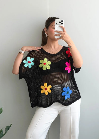 Free size, Black Floral Crochet Top - Closet by Payal