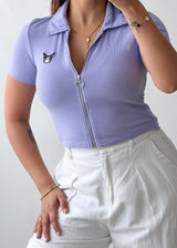 Size S-M Lilac Zip-Up Ribbed Polo Top
