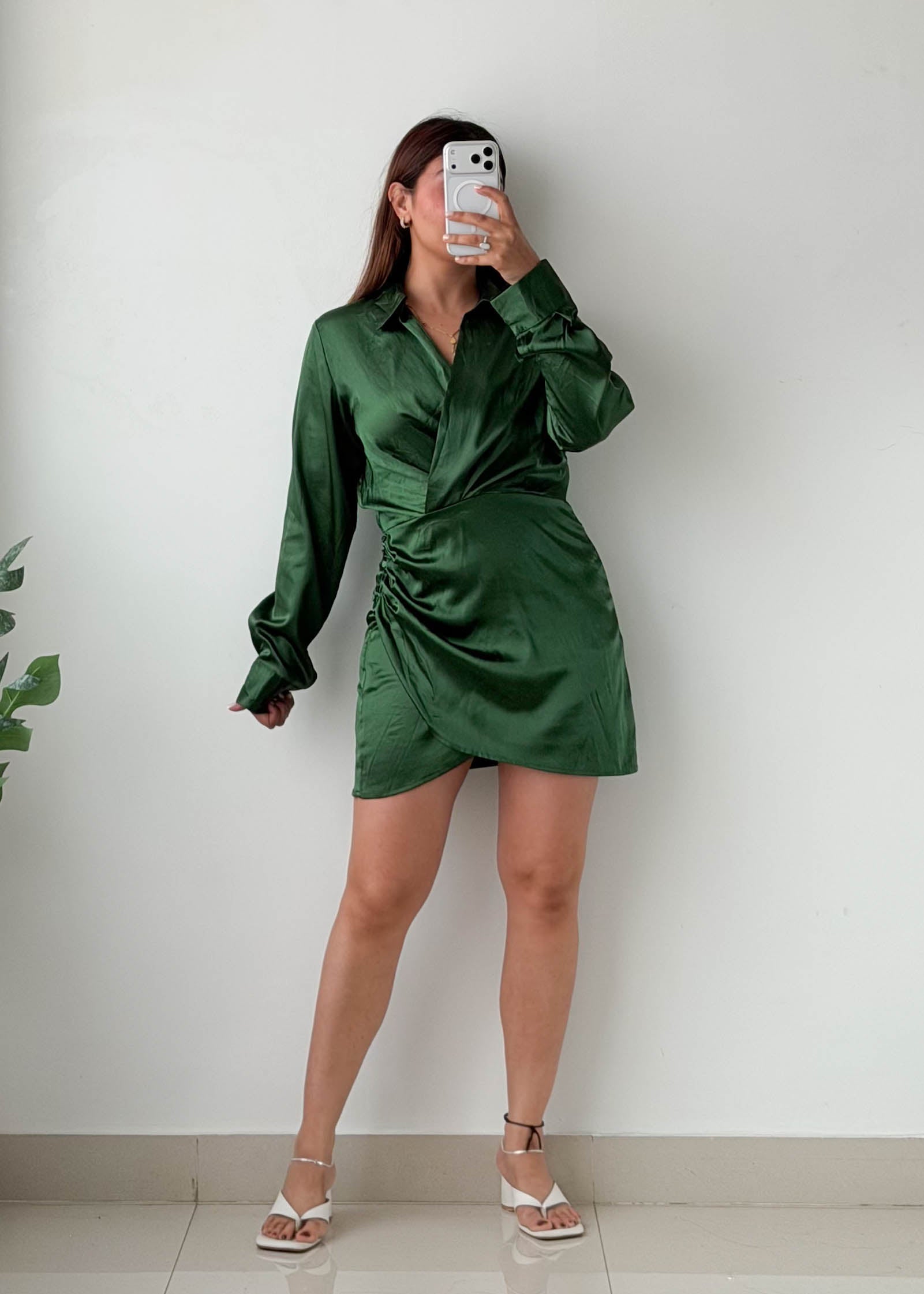 Size M Green Satin Ruched Wrap Mini Dress