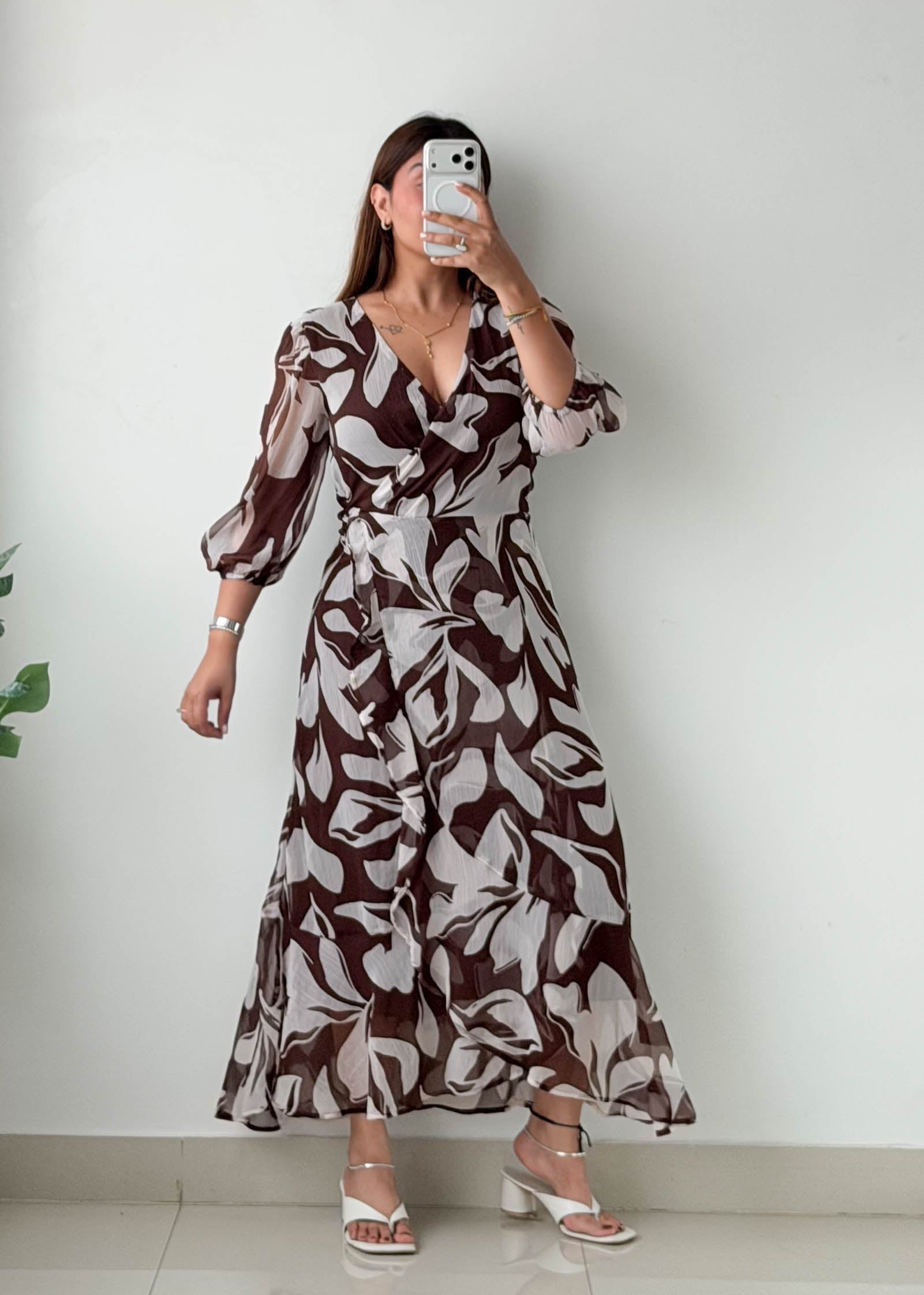 Size XS-S Brown Abstract Printed Wrap Dress