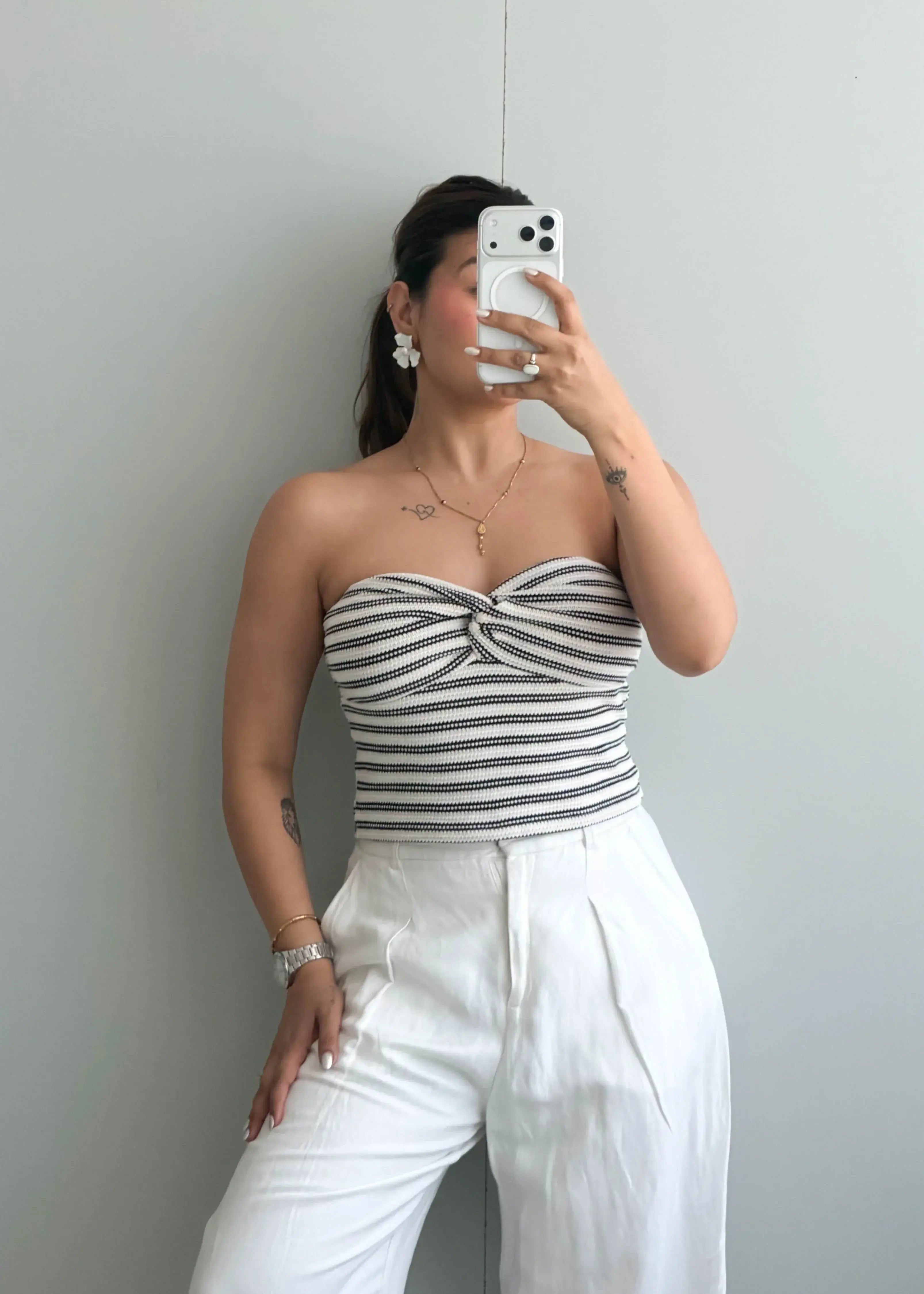 Size S-M, Black & White Stripe Strapless Crop Top - Closet by Payal