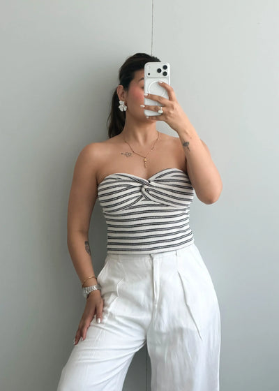 Size S-M, Black & White Stripe Strapless Crop Top - Closet by Payal
