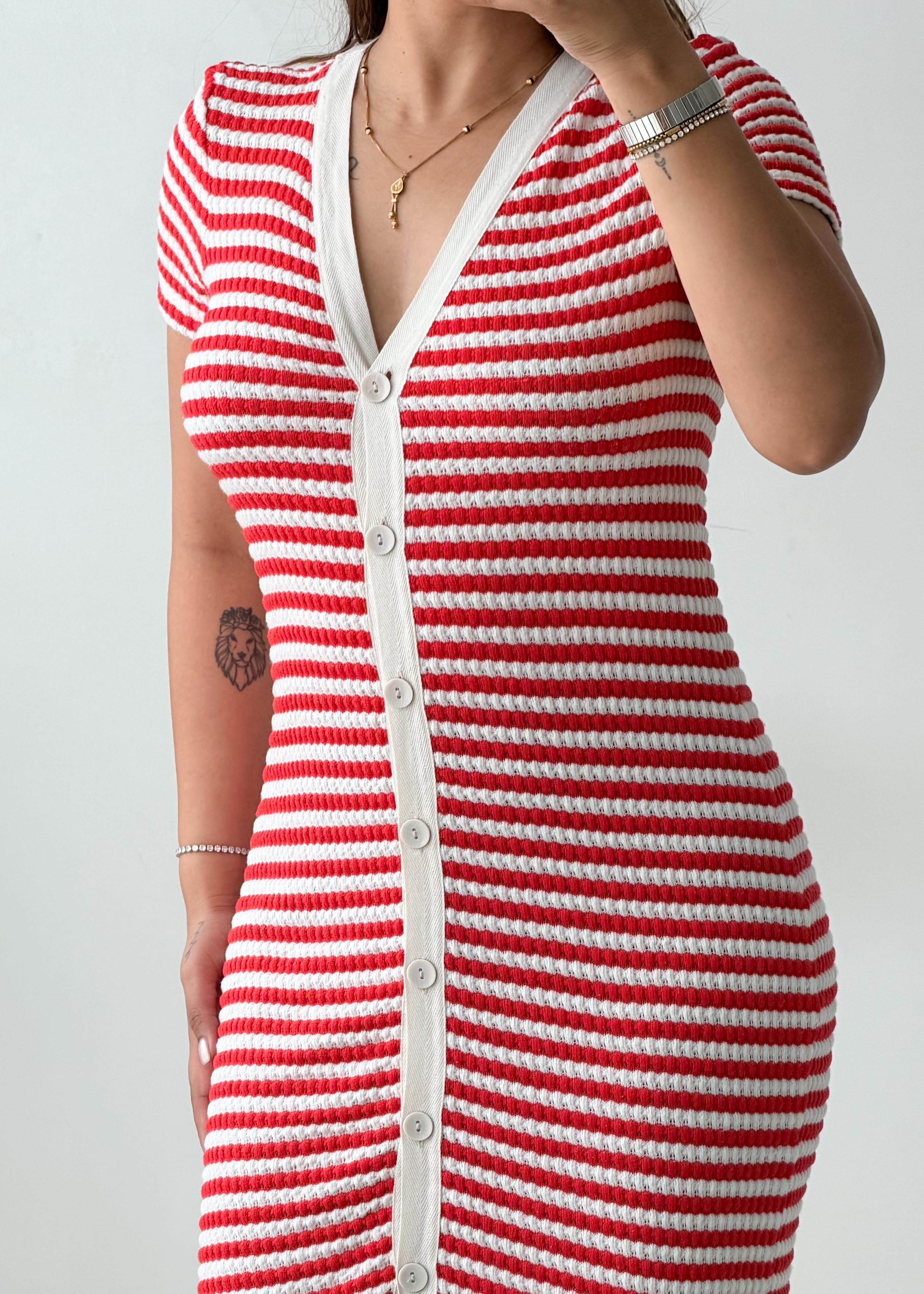 Size S-M Red & White Striped Ribbed Midi Dress