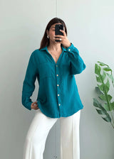 Size S-M, Teal Cotton Gauze Button Down Shirt for Women - Closet by Payal