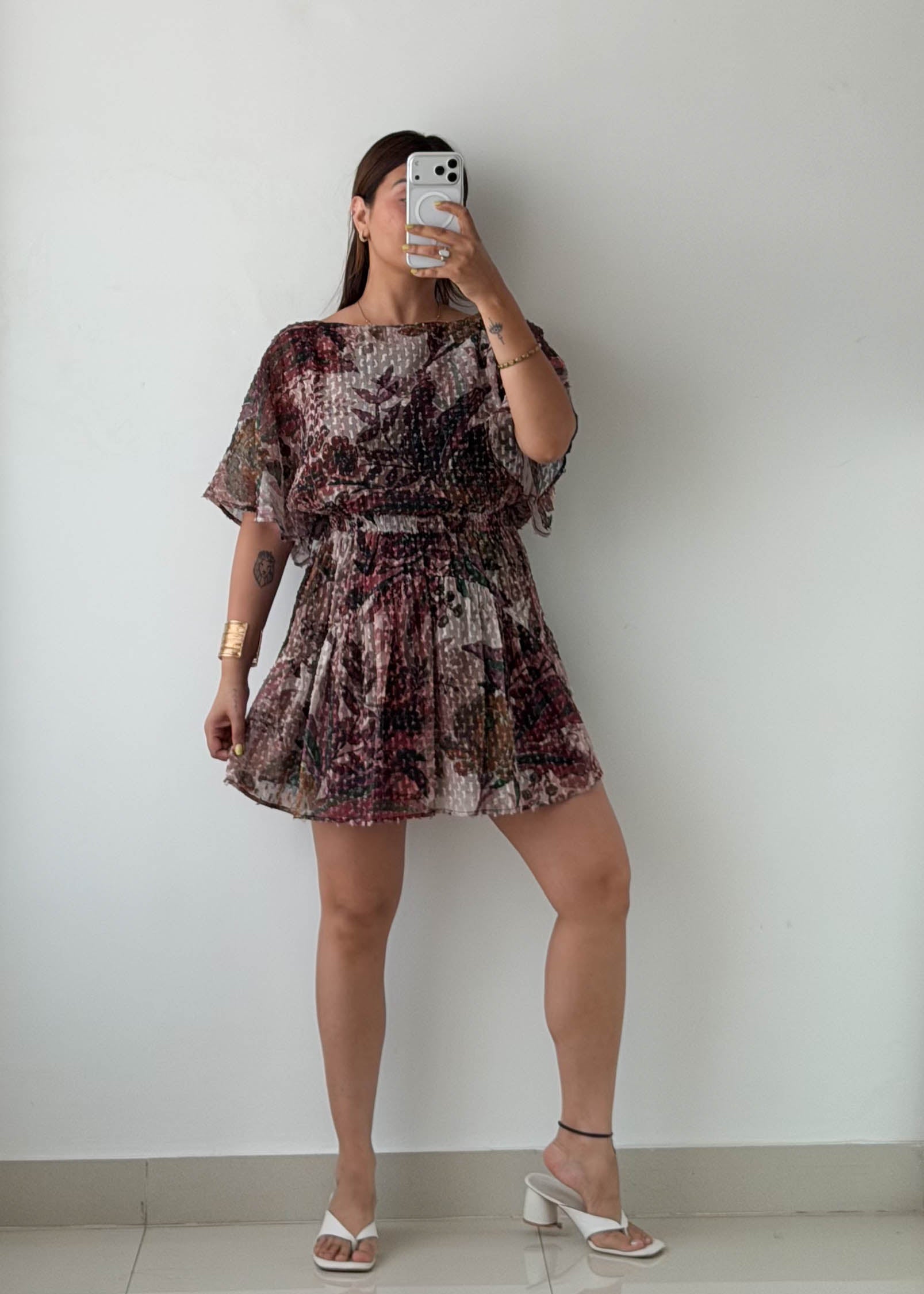 Size S-M Brown Floral Pleated Mini Dress