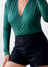 Size XS-S Emerald Green Wrap V-Neck Long Sleeve Bodysuit