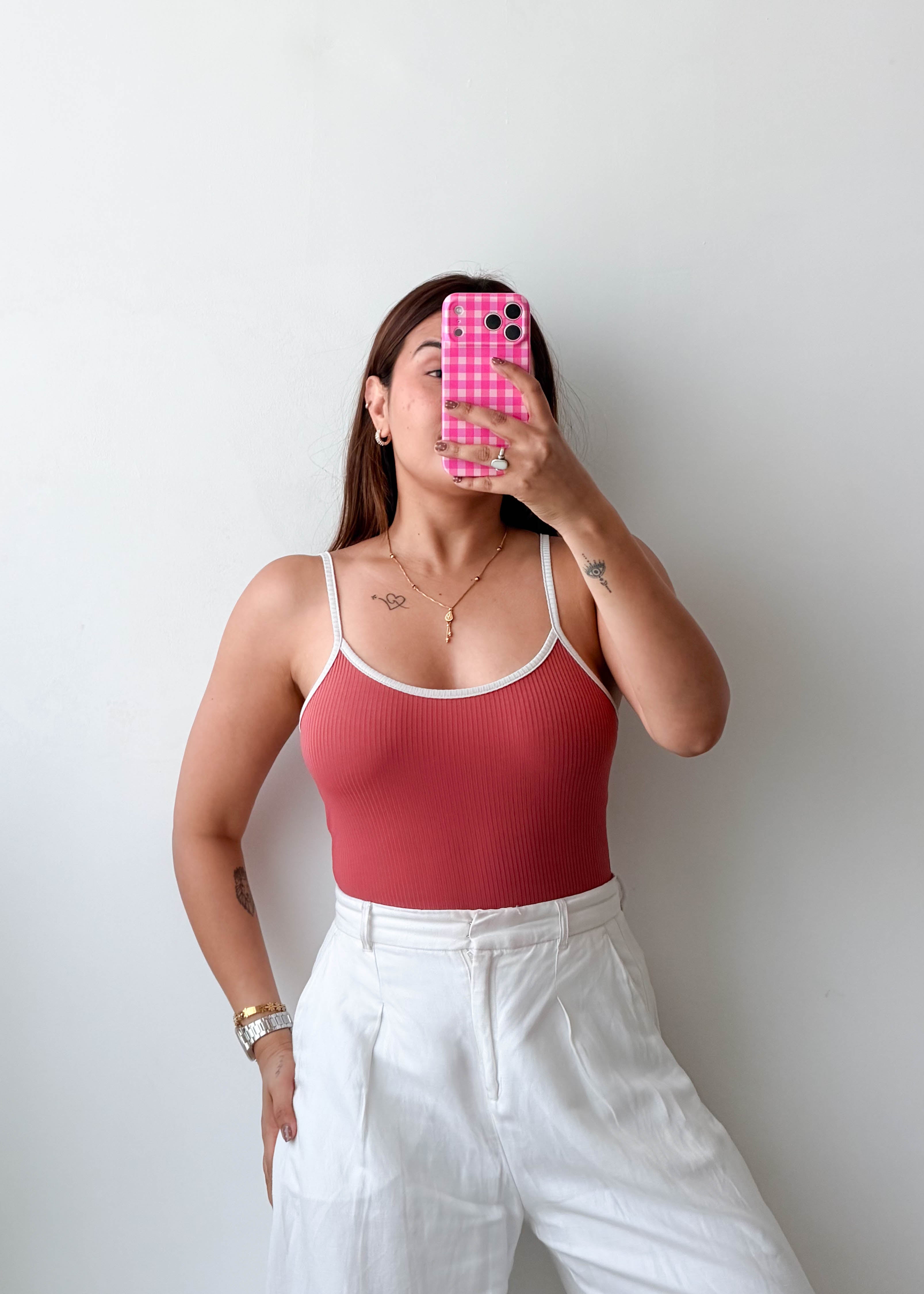 Size S-M Rose Pink Ribbed Cami Bodysuit