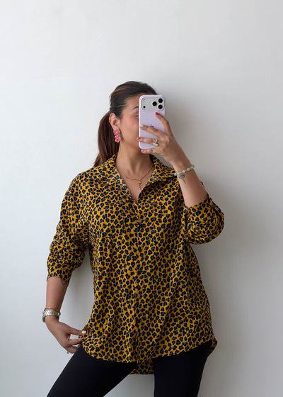 S-M Yellow Leopard Print Viscose Crepe Shirt