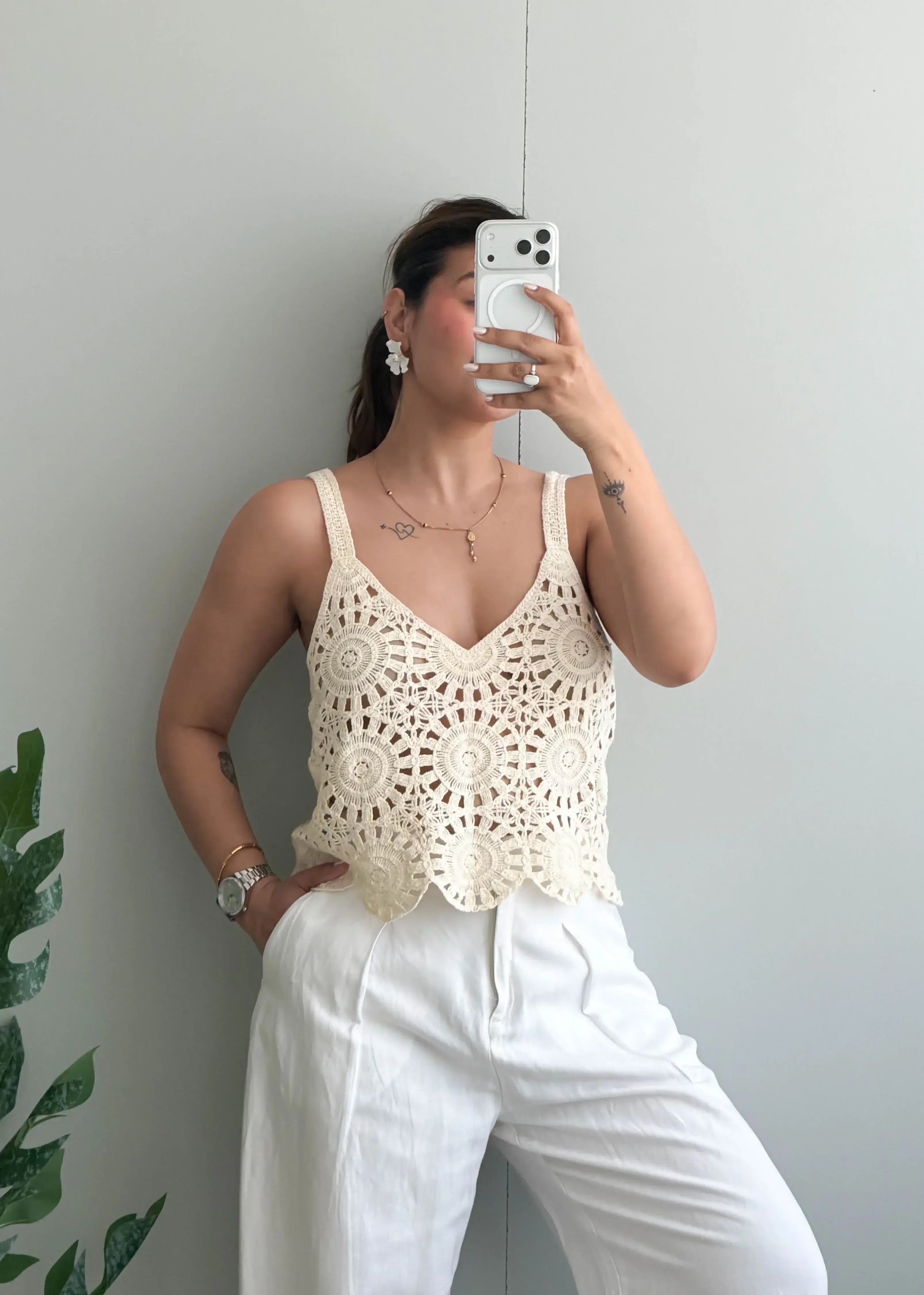 Size S-M, Cream Crochet Floral Tank Top - Closet by Payal