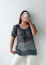 Size S-M Black Sheer Printed Blouse