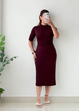 Size M-L Burgundy Ribbed Mock Neck Midi Dress