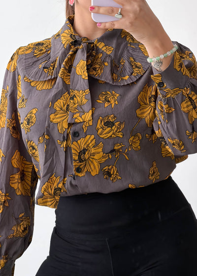 XS-S Brown Floral Bow Tie Soft Chiffon Shirt