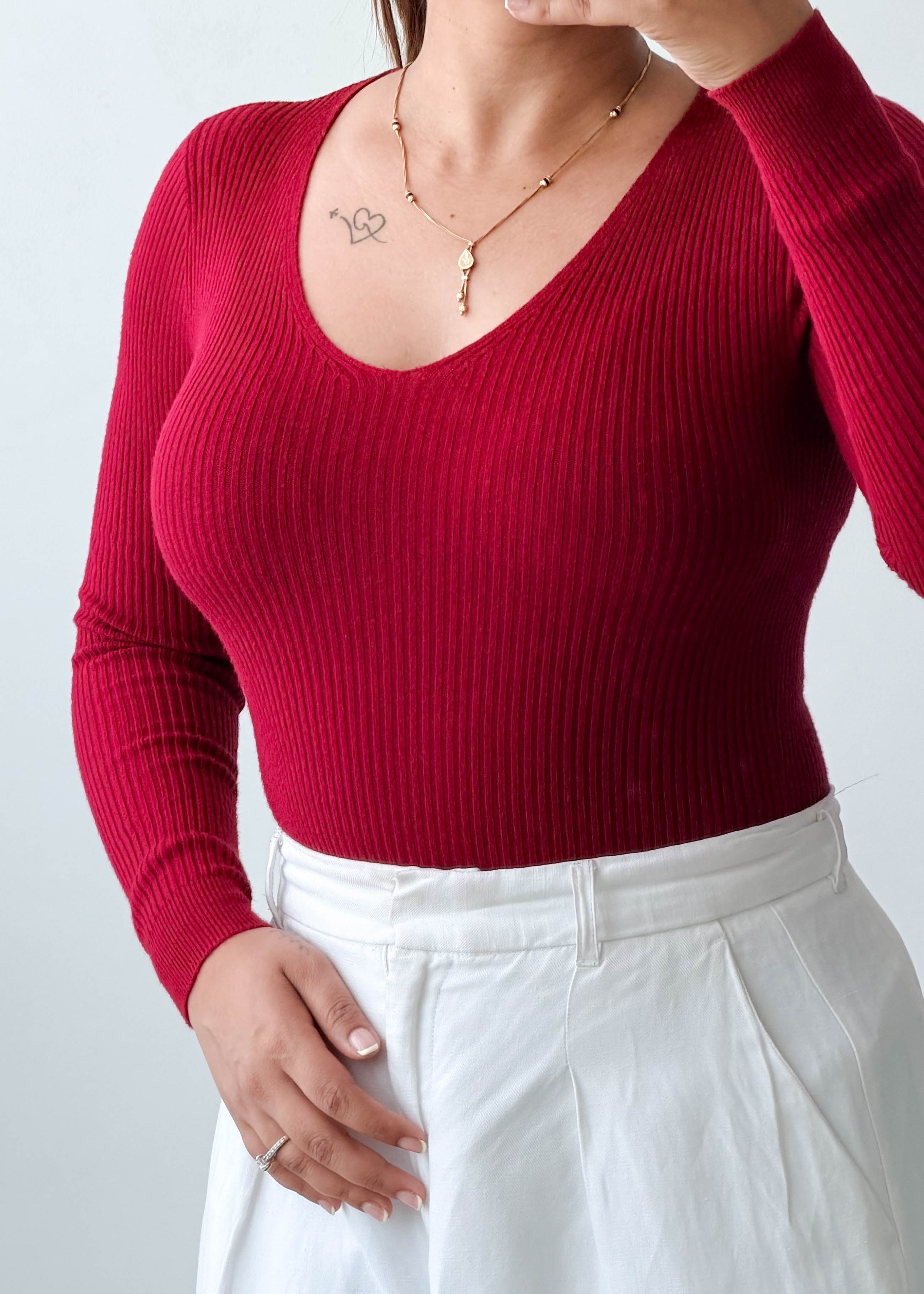 Size S-M Red Ribbed Long Sleeve Top