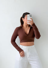 Size S-M Brown Collared Crop Top
