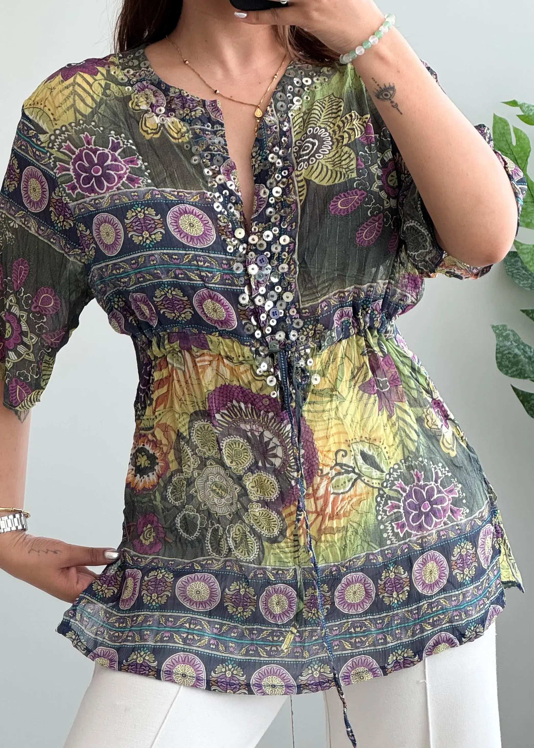 Size S-M, Multicolor Bohemian Print Sequin Detail Top - Closet by Payal
