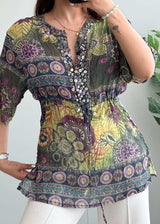 Size S-M, Multicolor Bohemian Print Sequin Detail Top - Closet by Payal