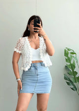 Size S-M, White Floral Lace Sheer Shrug Top for Women - Closet by Payal