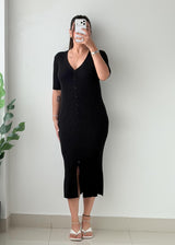 Size M-L Black Ribbed Button-Front Midi Dress