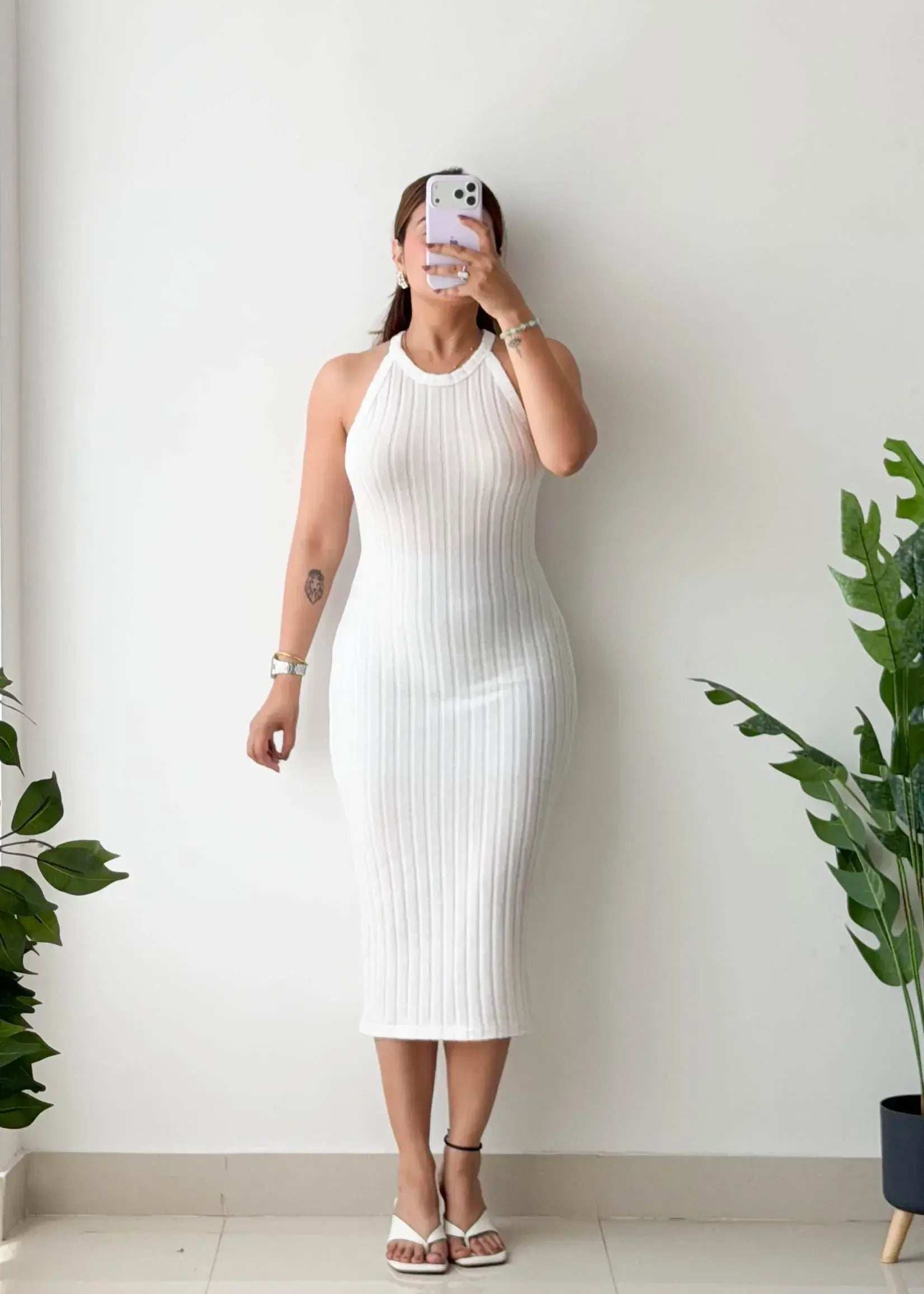 Size S-M, White Halter Ribbed Midi Dress - Closet by Payal