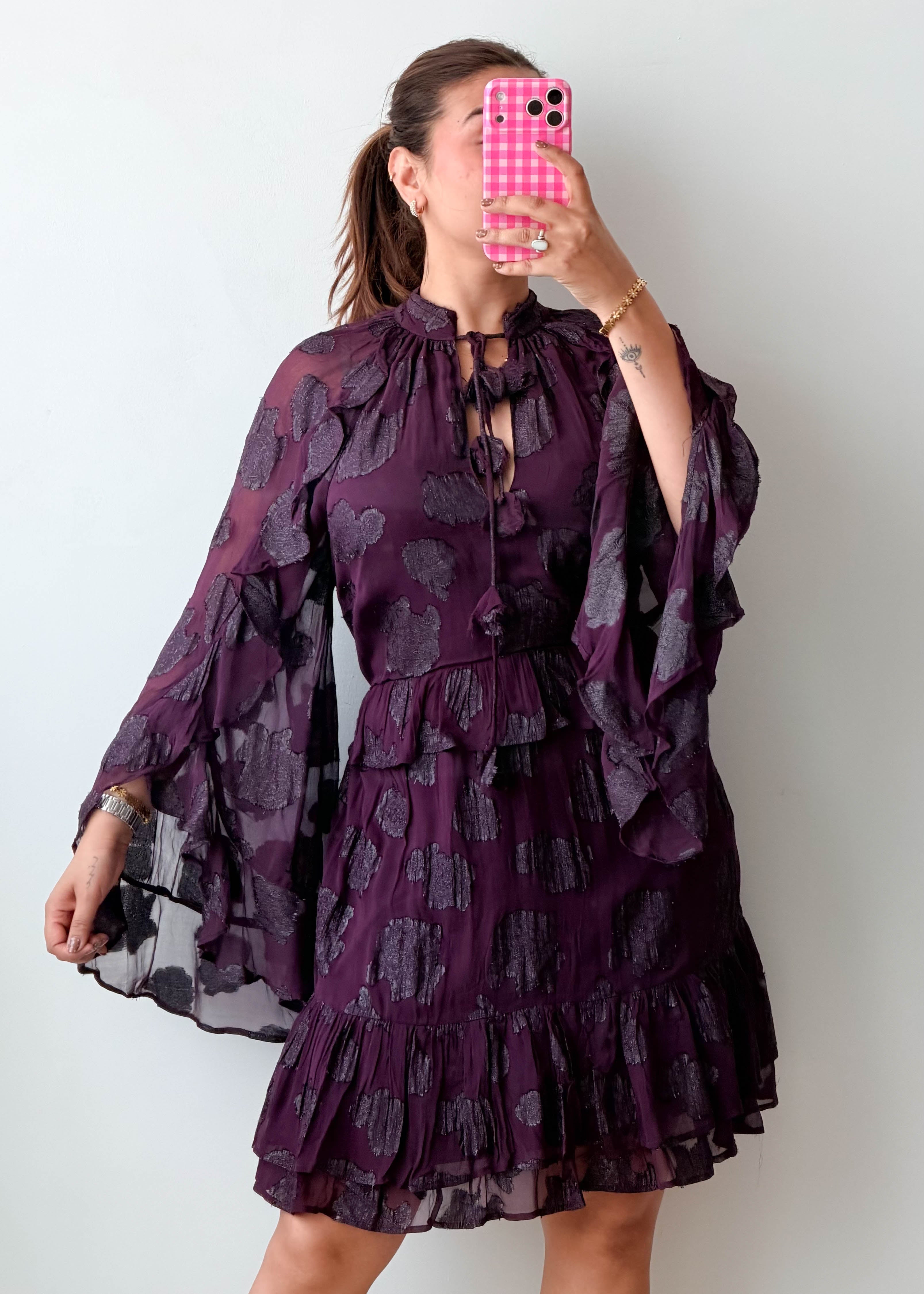 Size L-XL Plum Ruffle Sleeve Tiered Mini Dress